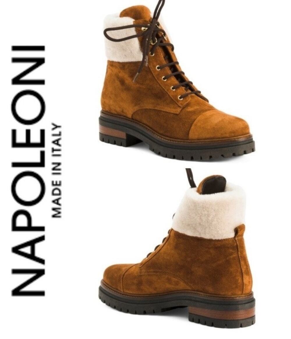 NAPOLEONI Suede Lace Up Ankle Boots With Fur Shearling Trim 10 10.5 41 $445